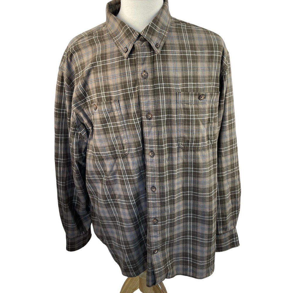 Duluth Trading Co Shirt Men 2XL Brown Blue Plaid Heavy Flannel Long Sleeve Work